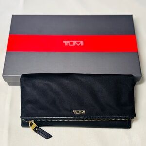 TUMI Black Foldover Clutch with Gold Details | Zipper | Box | RFID